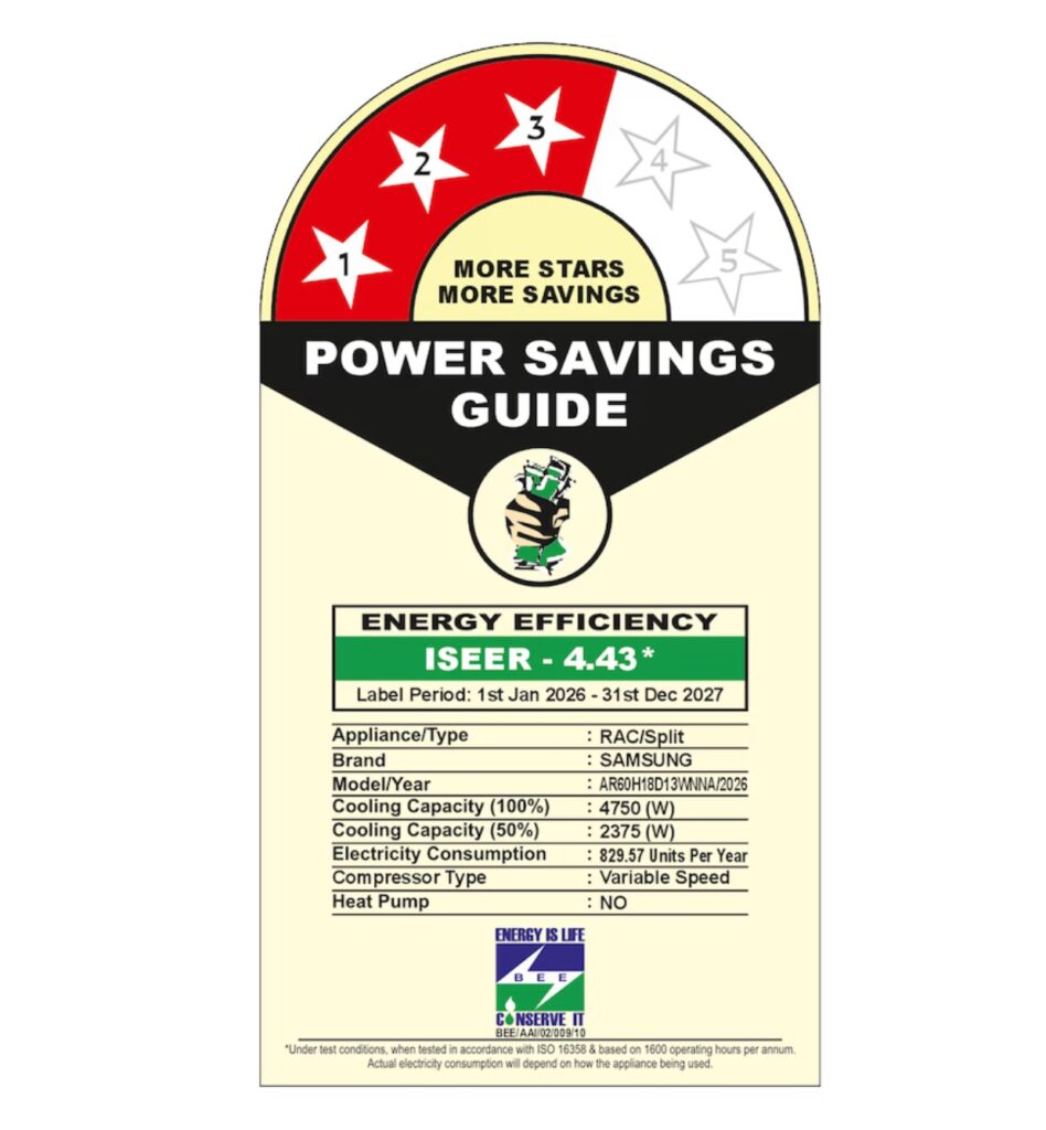 BEE Rating for samsung 3 star ac