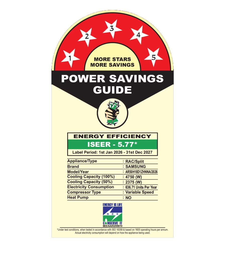 BEE Rating for samsung 5 star ac
